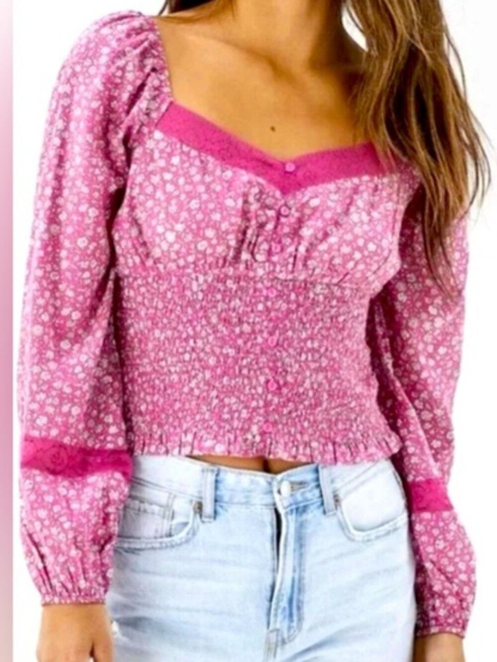 American Eagle Pink Floral Smocked Puff Long Sleeve Crop Top Blouse
